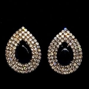VINTAGE RHINESTONE AND BLACK LARGE TEARDROP SHAPE CLIP-ON EARRINGS